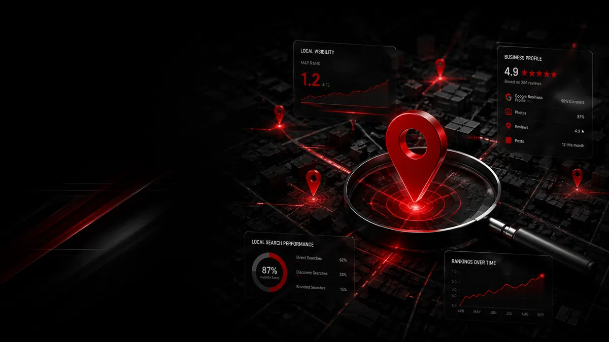 Illustrative local-search visibility dashboard: map rankings, Google Business Profile, and search performance